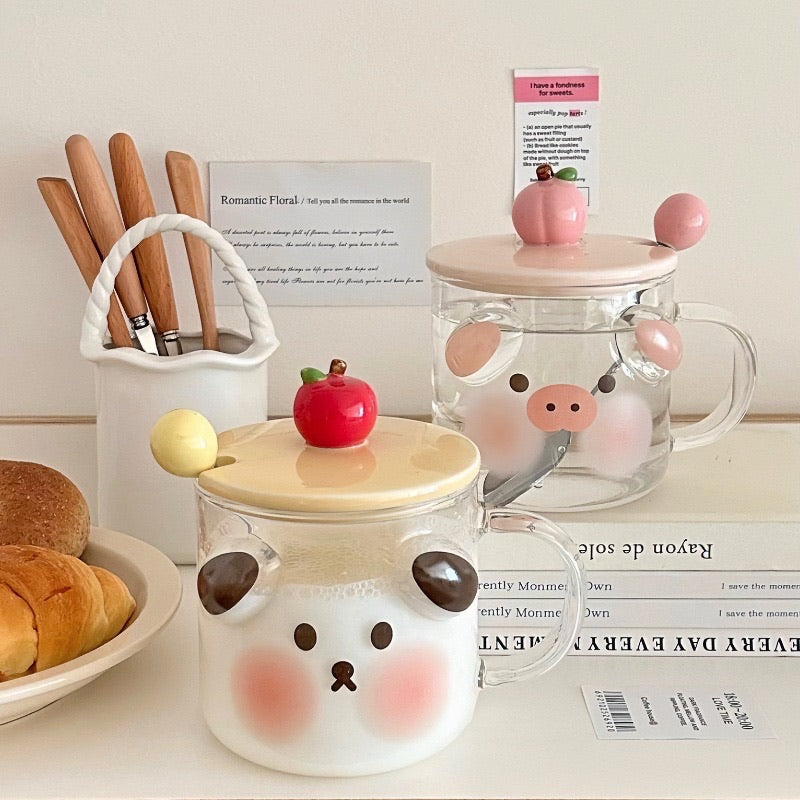 Cartoon Animal Glass Mug with Lid & Spoon