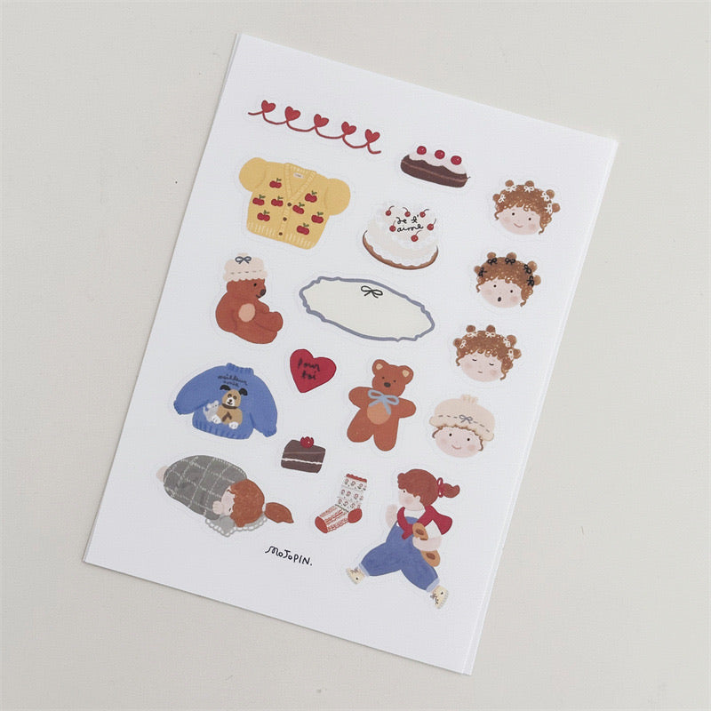 Cartoon Girl And Little Bear Country Style Journal Stickers