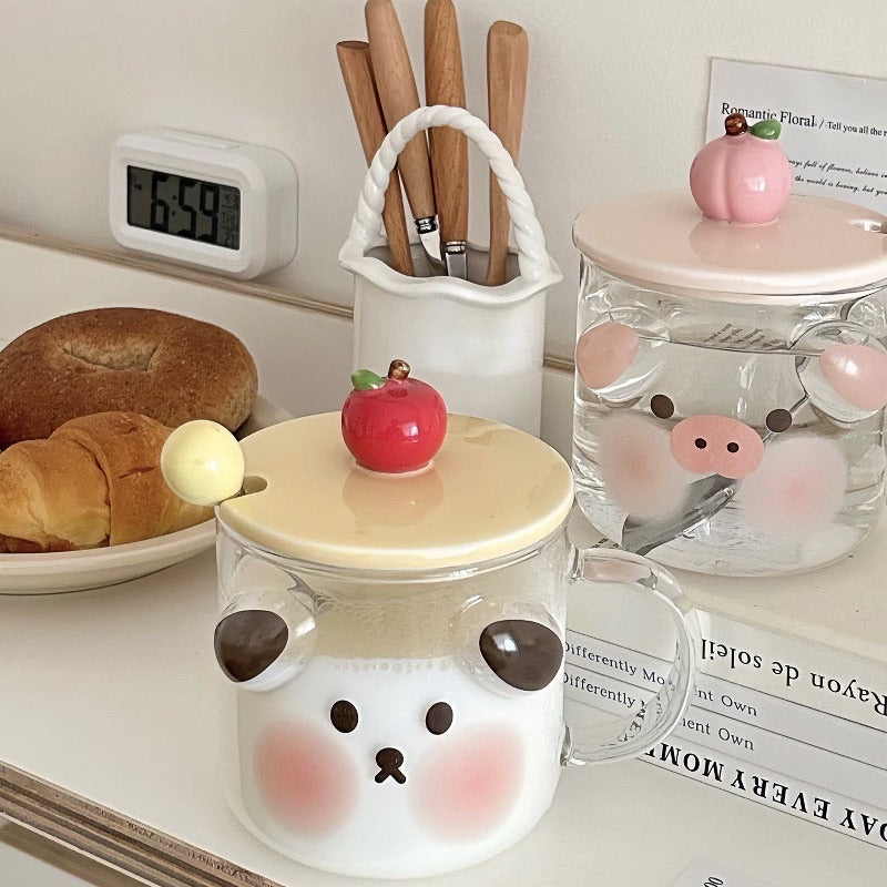Cartoon Animal Glass Mug with Lid & Spoon