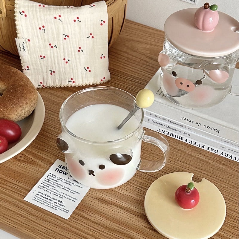 Cartoon Animal Glass Mug with Lid & Spoon