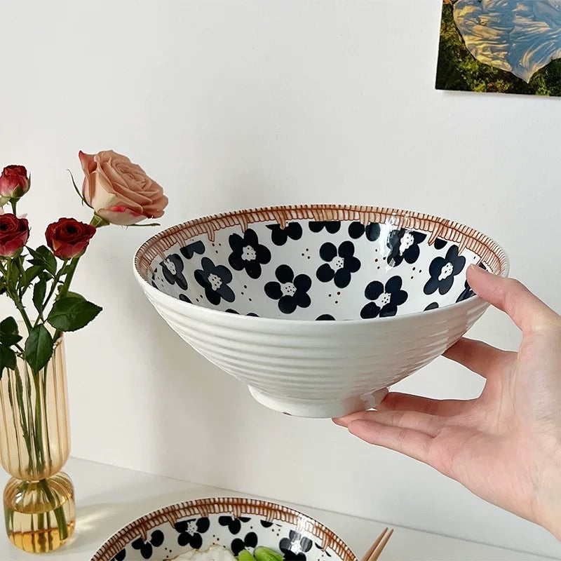 Japanese-Style Hand-Painted Floral Noodle/Soup Bowl