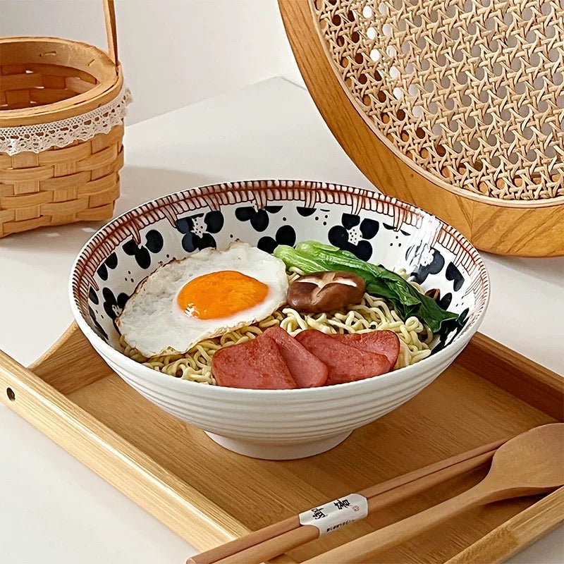 Japanese-Style Hand-Painted Floral Noodle/Soup Bowl