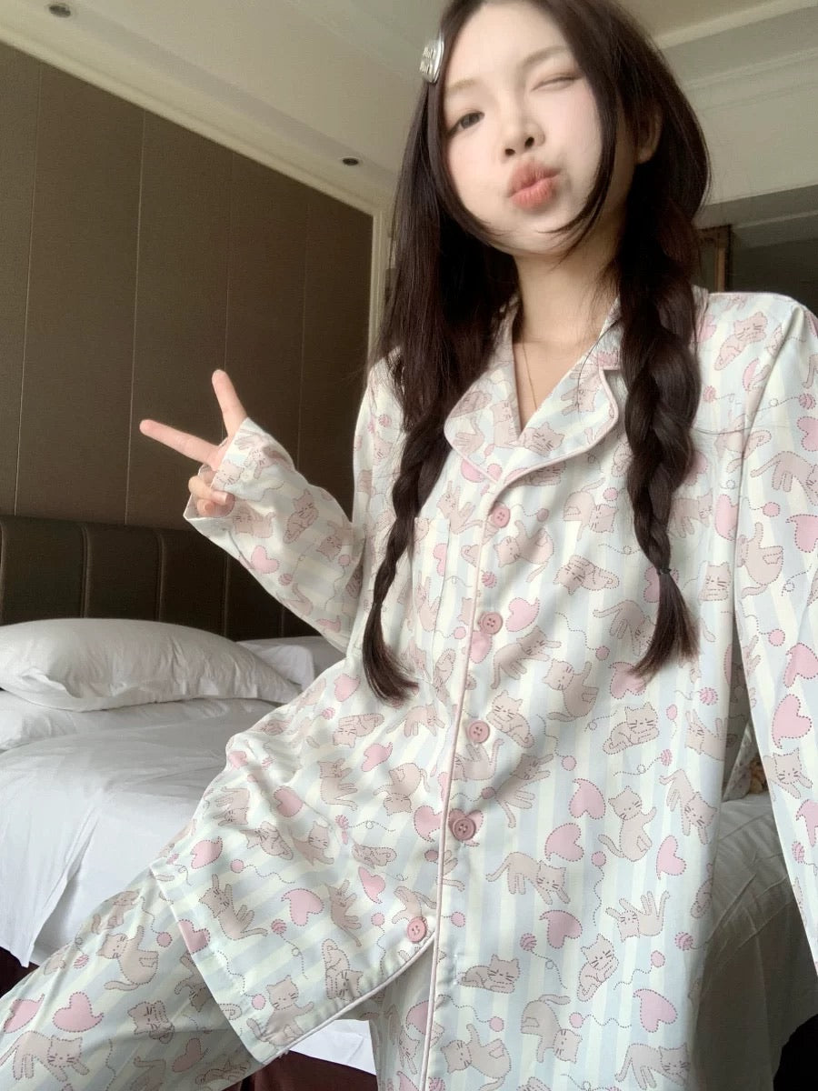 Dopamine Striped Cat Silk Pajama Set