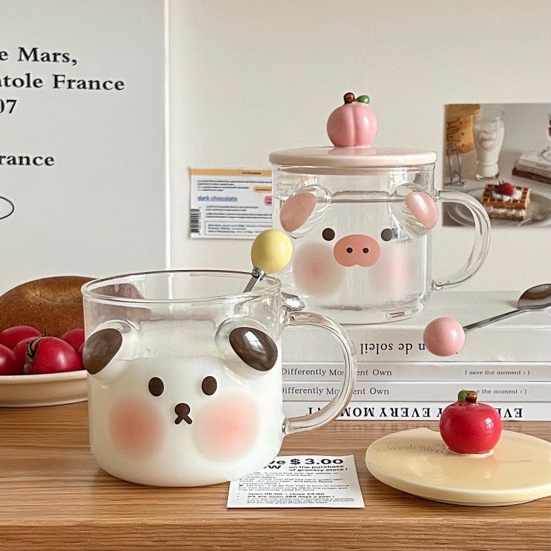 Cartoon Animal Glass Mug with Lid & Spoon
