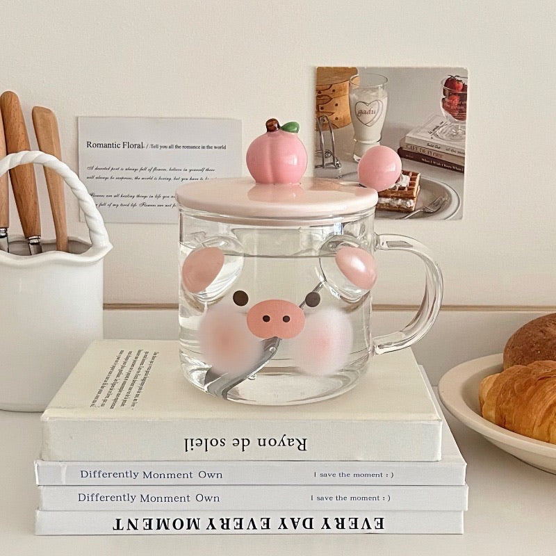 Cartoon Animal Glass Mug with Lid & Spoon