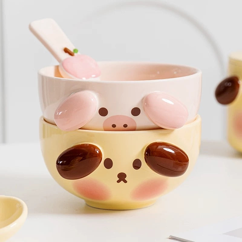 3D Dog and Pig Ceramic Bowl Set (with Spoon)