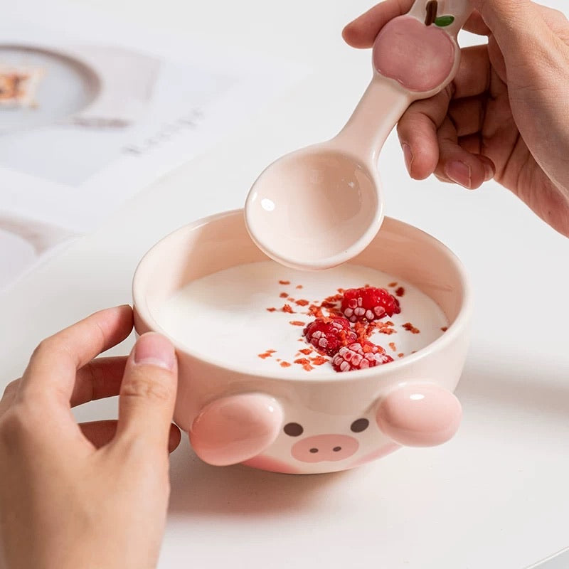 3D Dog and Pig Ceramic Bowl Set (with Spoon)