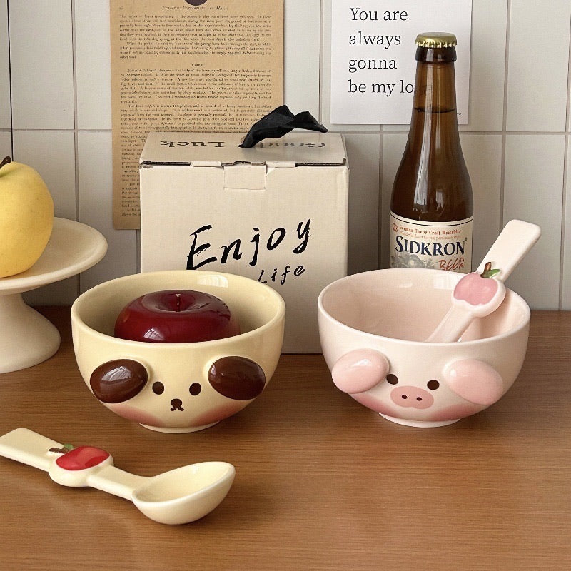 3D Dog and Pig Ceramic Bowl Set (with Spoon)