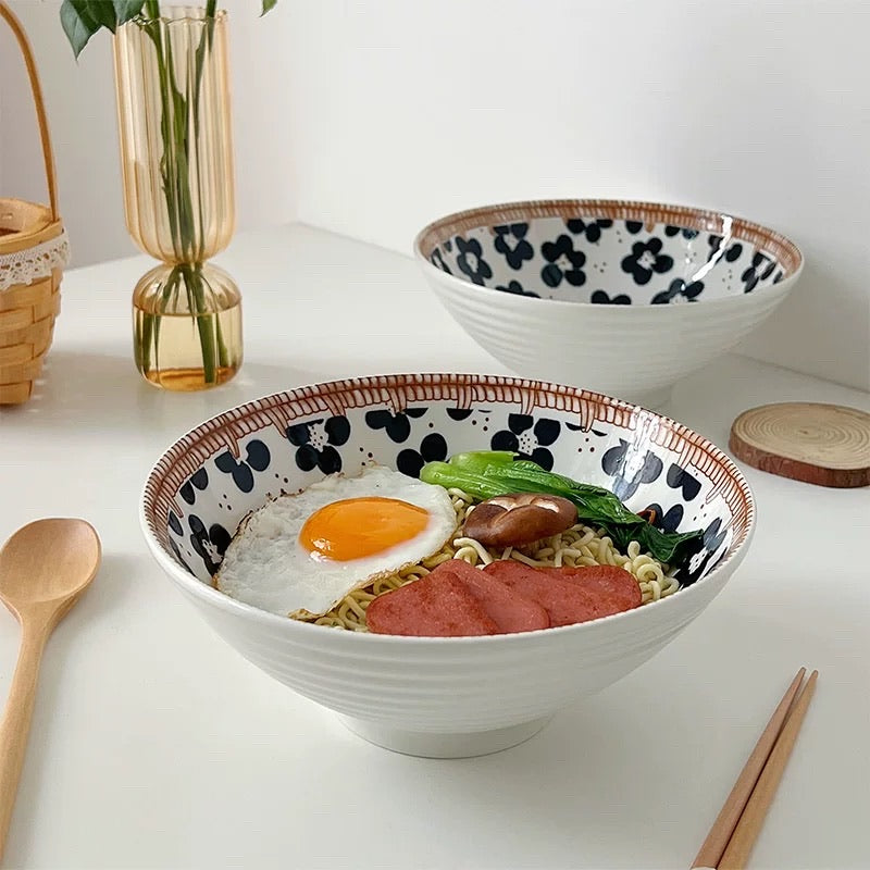 Japanese-Style Hand-Painted Floral Noodle/Soup Bowl