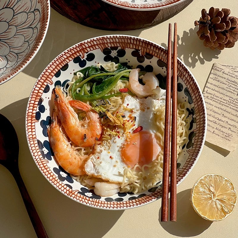 Japanese-Style Hand-Painted Floral Noodle/Soup Bowl