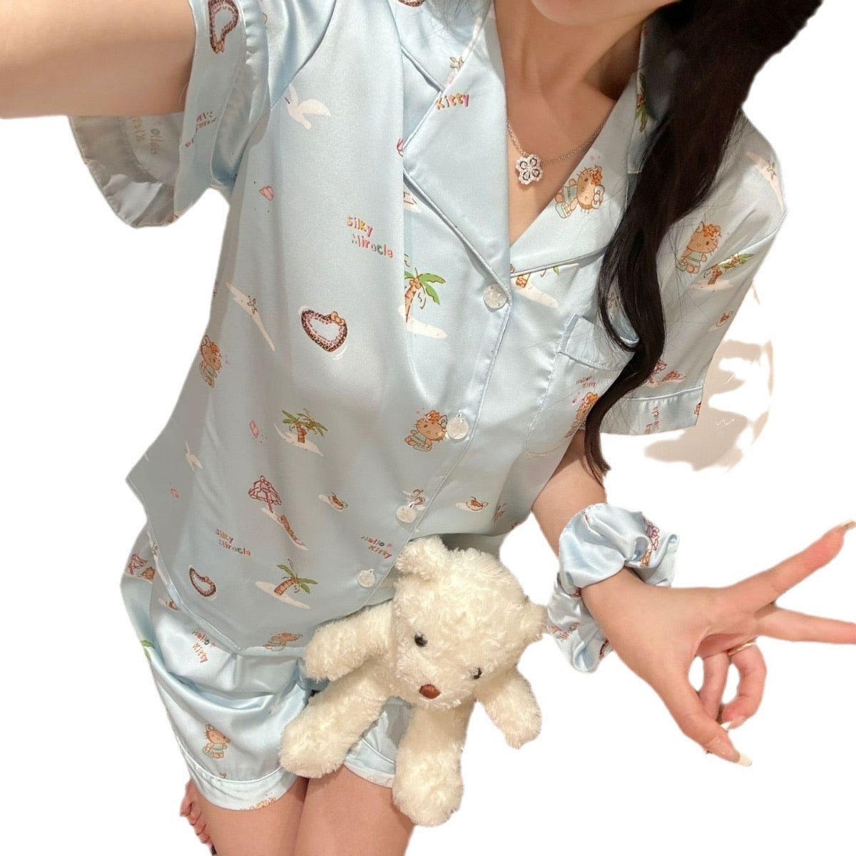 Hello Kitty Blue Hawaiian Vacation Silk Pajama Set (Short-Sleeve & Shorts)
