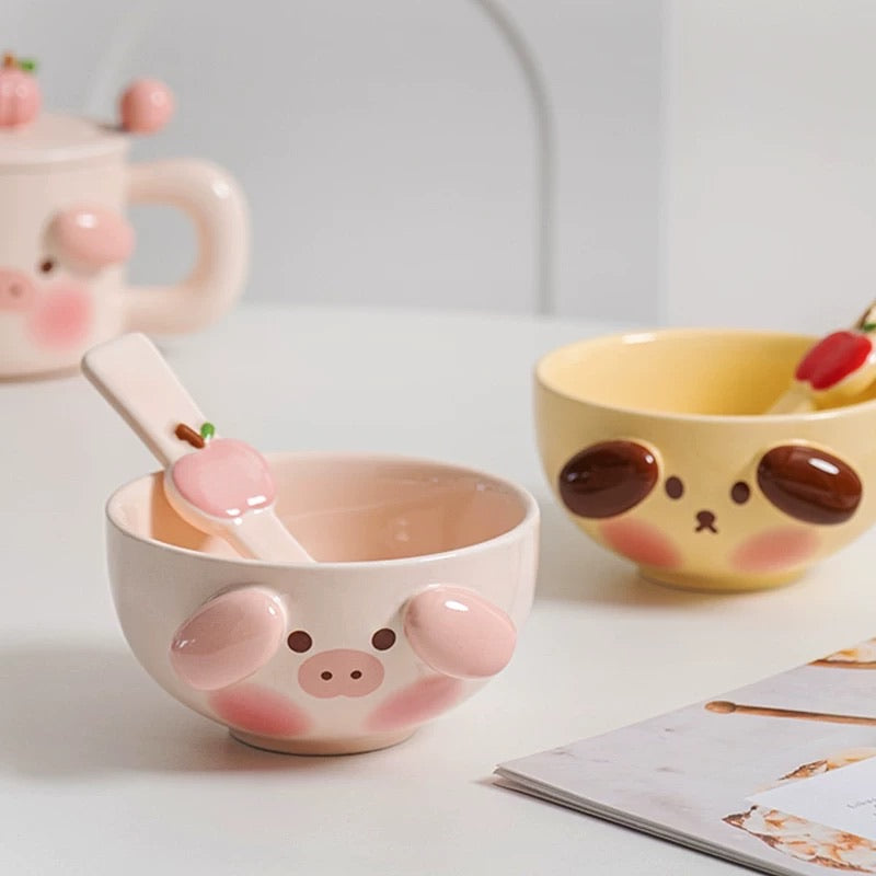 3D Dog and Pig Ceramic Bowl Set (with Spoon)
