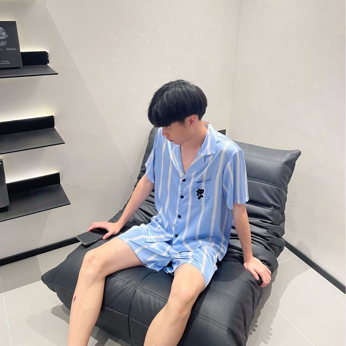 Blue and White Striped Silk Couple's Pajama Set with Cat Embroidery