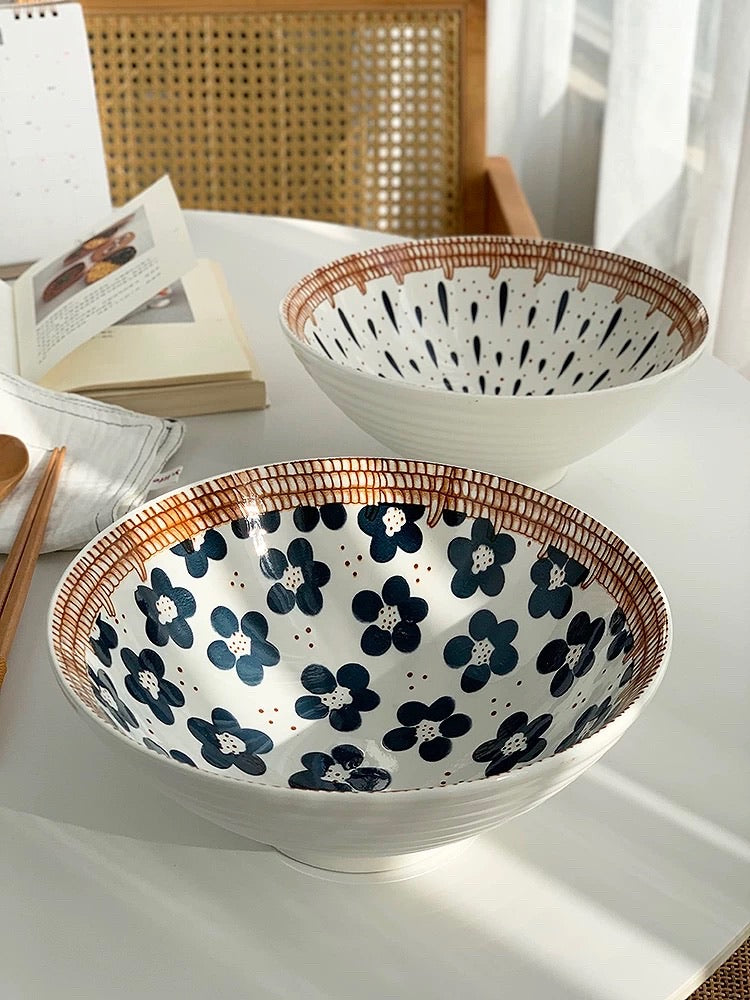 Japanese-Style Hand-Painted Floral Noodle/Soup Bowl