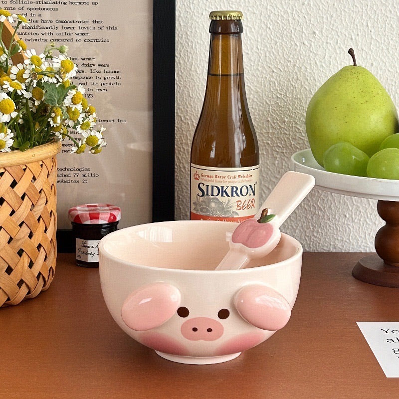 3D Dog and Pig Ceramic Bowl Set (with Spoon)
