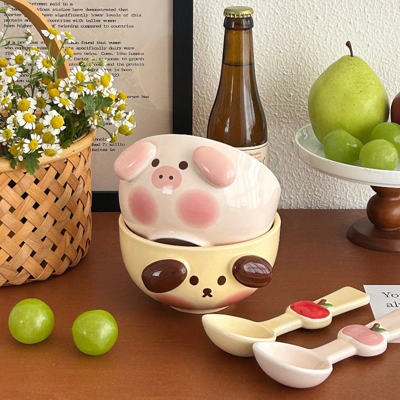 3D Dog and Pig Ceramic Bowl Set (with Spoon)