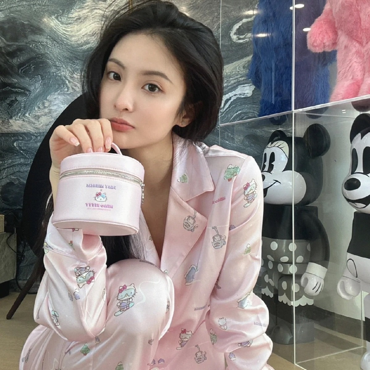 Hello Kitty Pink Rhinestone Long-Sleeve Silk Pajama Set