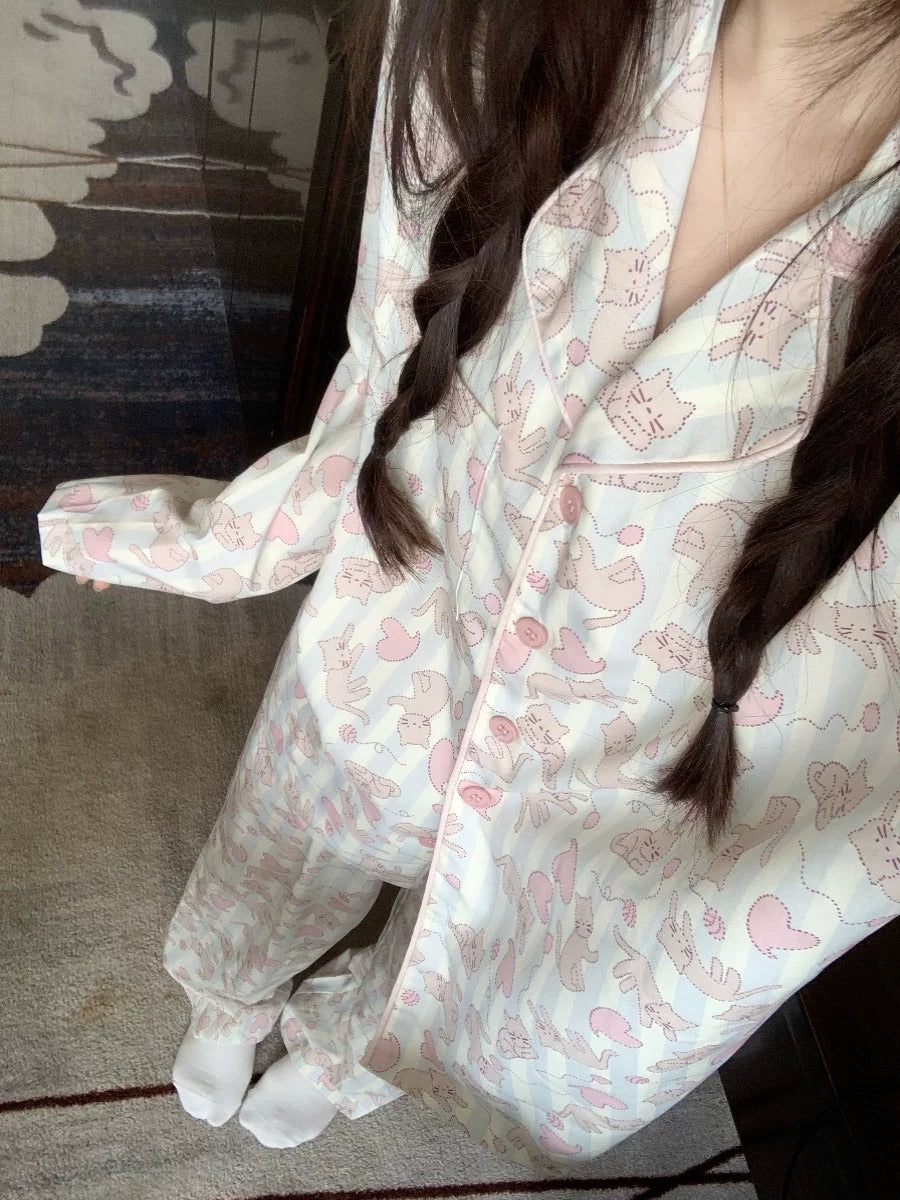 Dopamine Striped Cat Silk Pajama Set