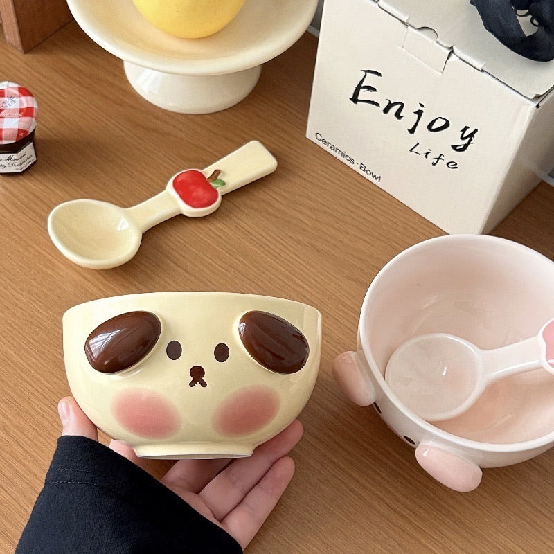 3D Dog and Pig Ceramic Bowl Set (with Spoon)