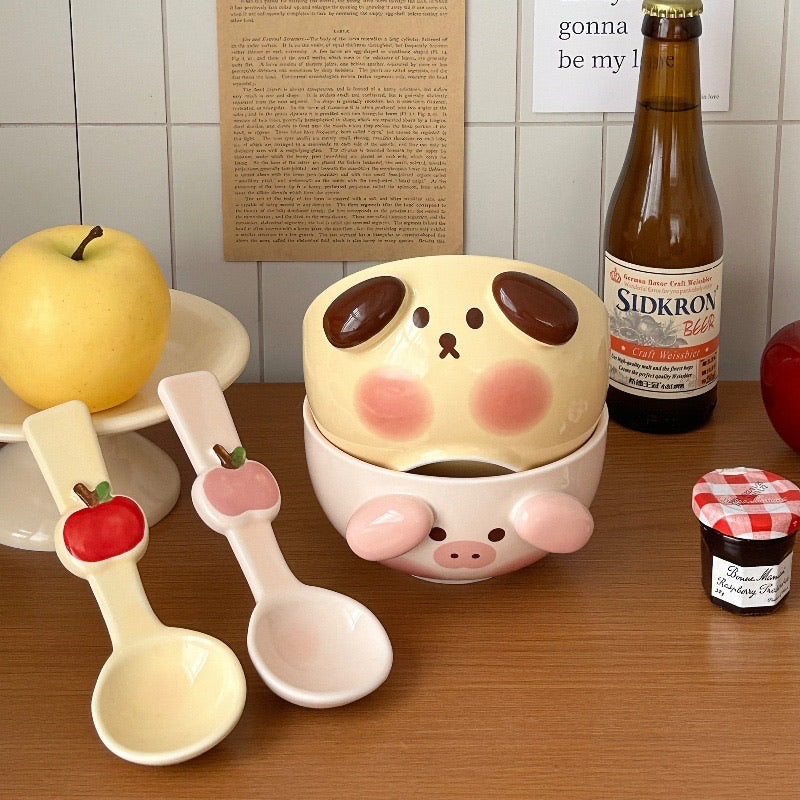 3D Dog and Pig Ceramic Bowl Set (with Spoon)