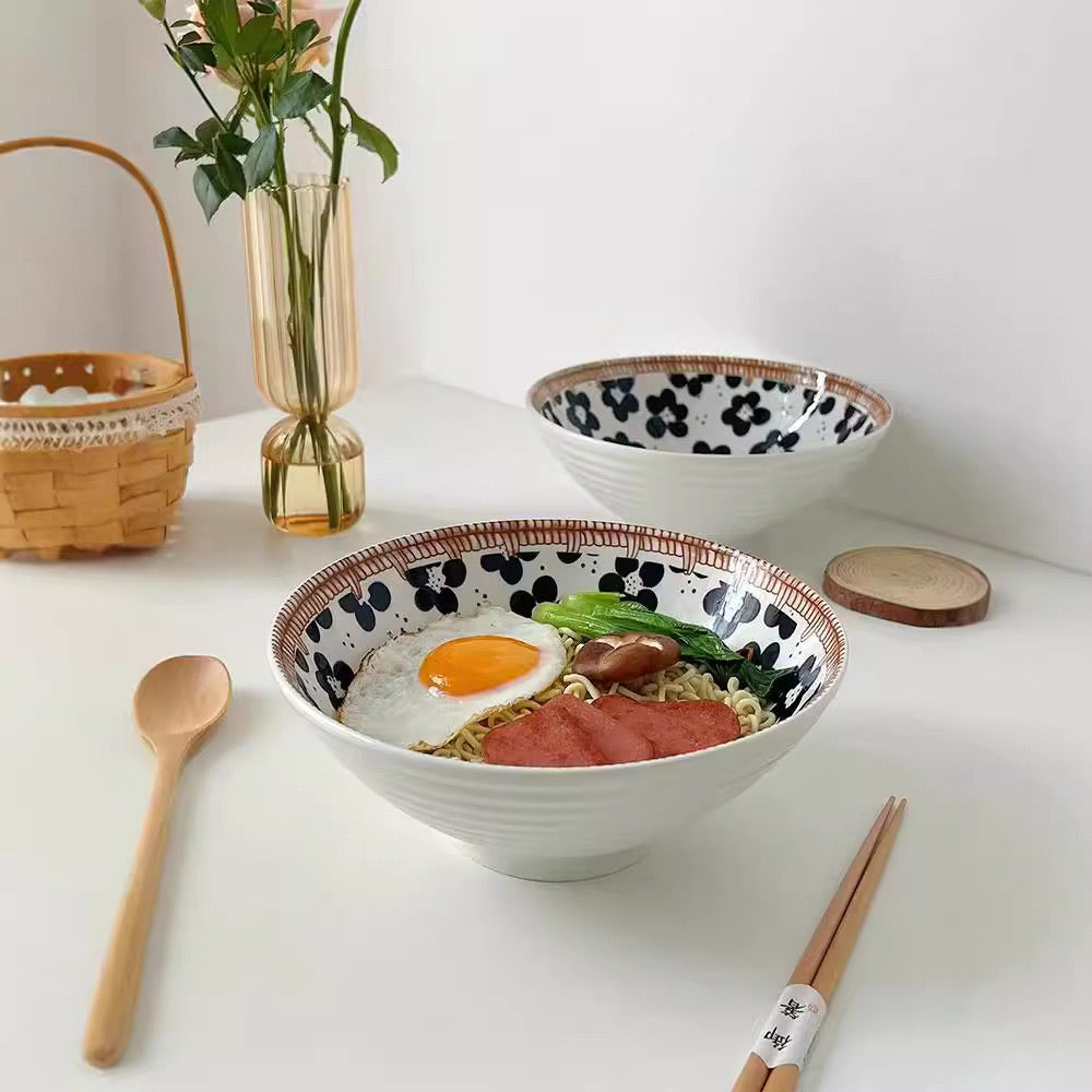 Japanese-Style Hand-Painted Floral Noodle/Soup Bowl