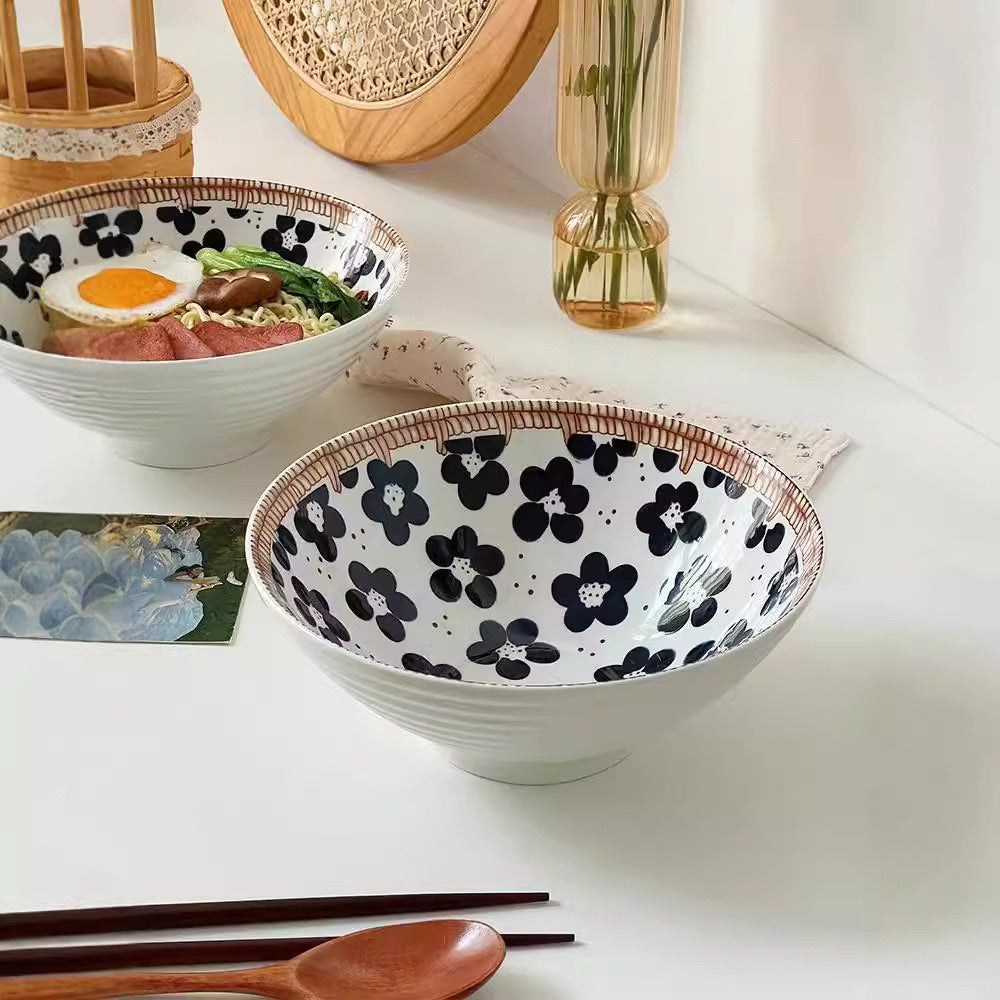 Japanese-Style Hand-Painted Floral Noodle/Soup Bowl