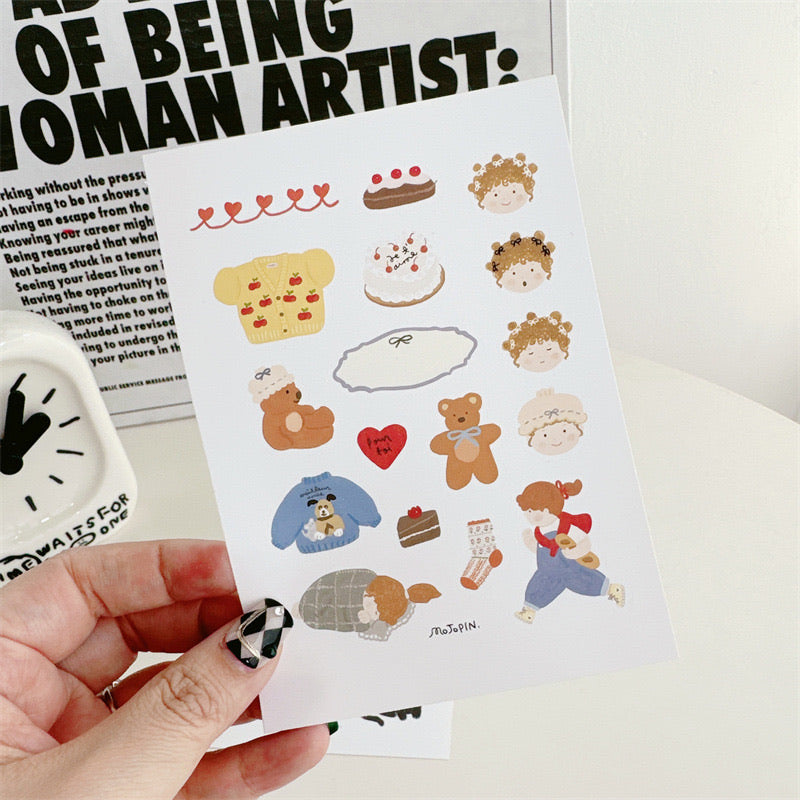Cartoon Girl And Little Bear Country Style Journal Stickers