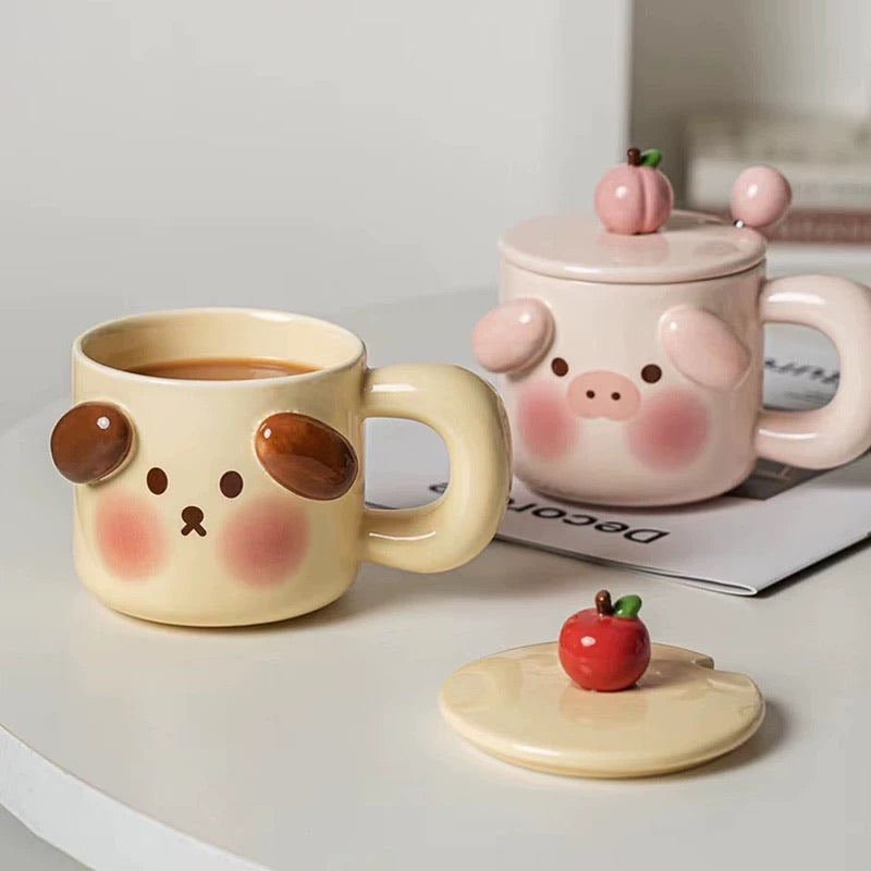 Cartoon Animal Ceramic Mug with Lid & Spoon