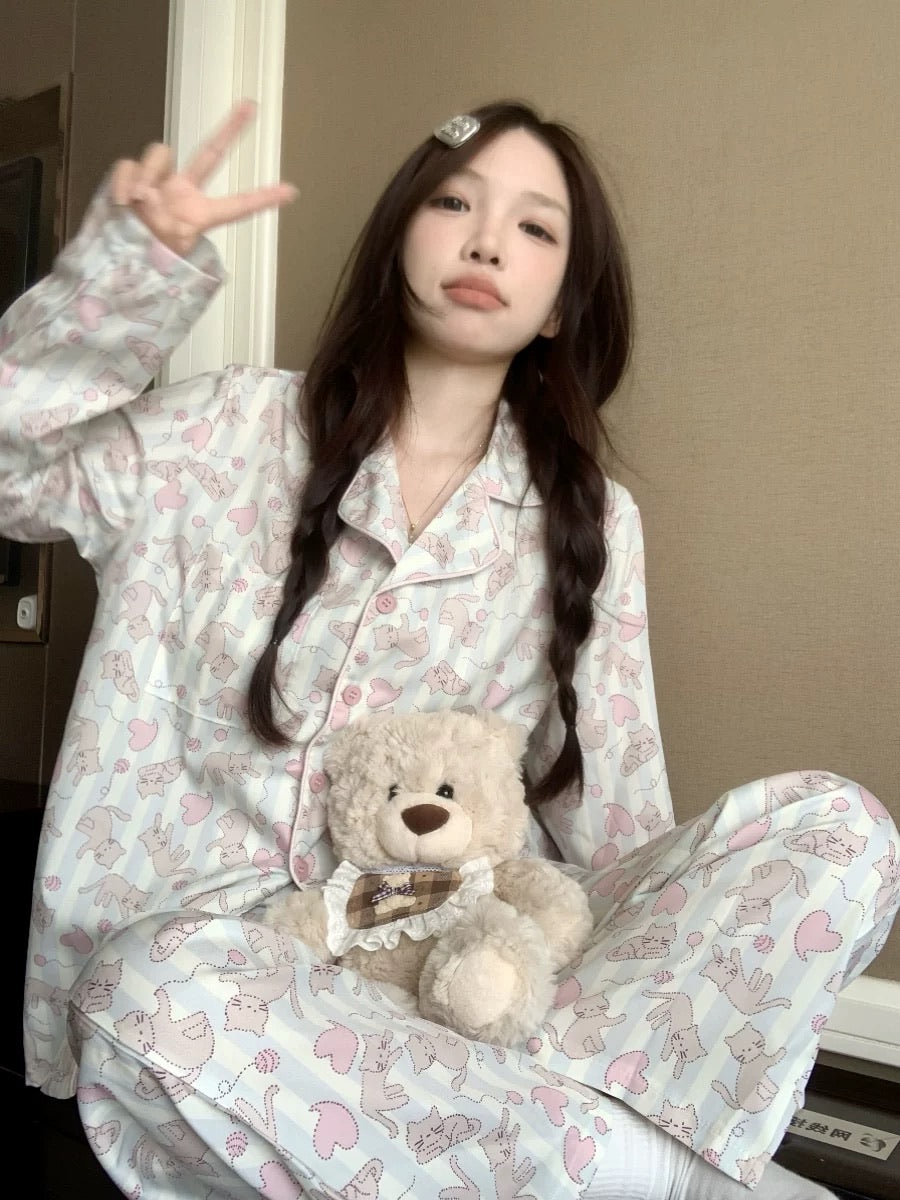 Dopamine Striped Cat Silk Pajama Set