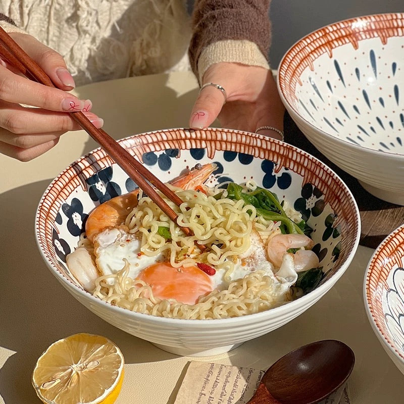 Japanese-Style Hand-Painted Floral Noodle/Soup Bowl