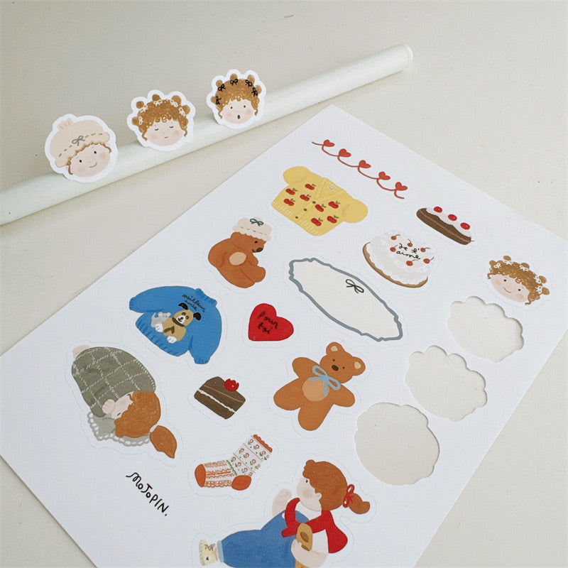 Cartoon Girl And Little Bear Country Style Journal Stickers