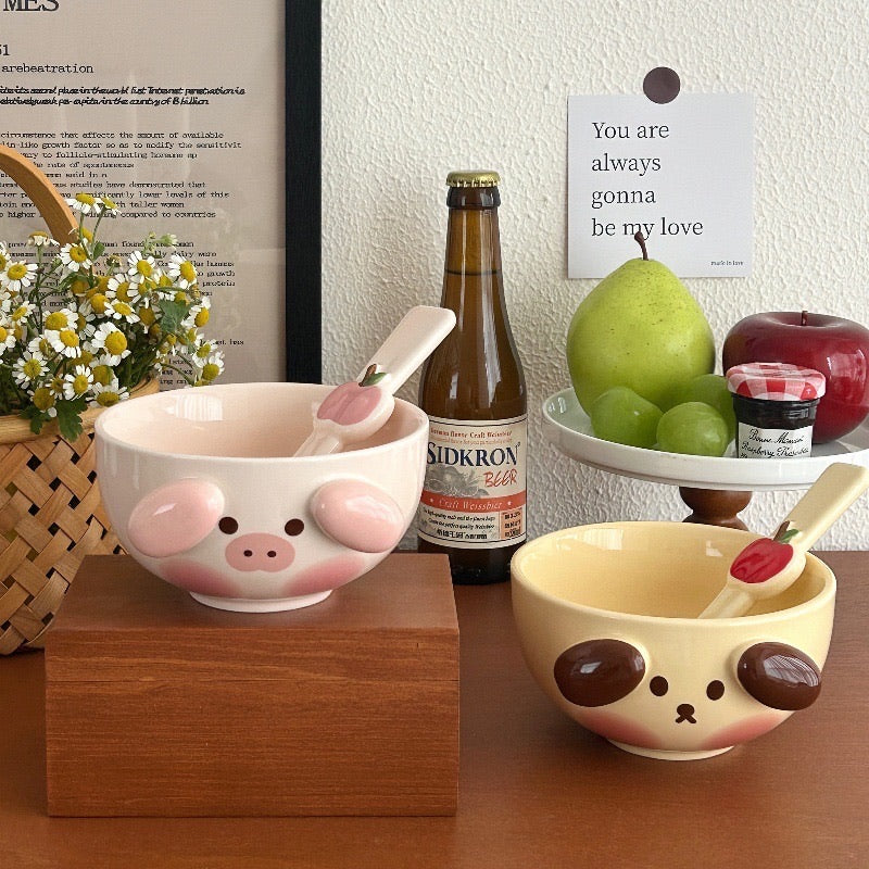 3D Dog and Pig Ceramic Bowl Set (with Spoon)