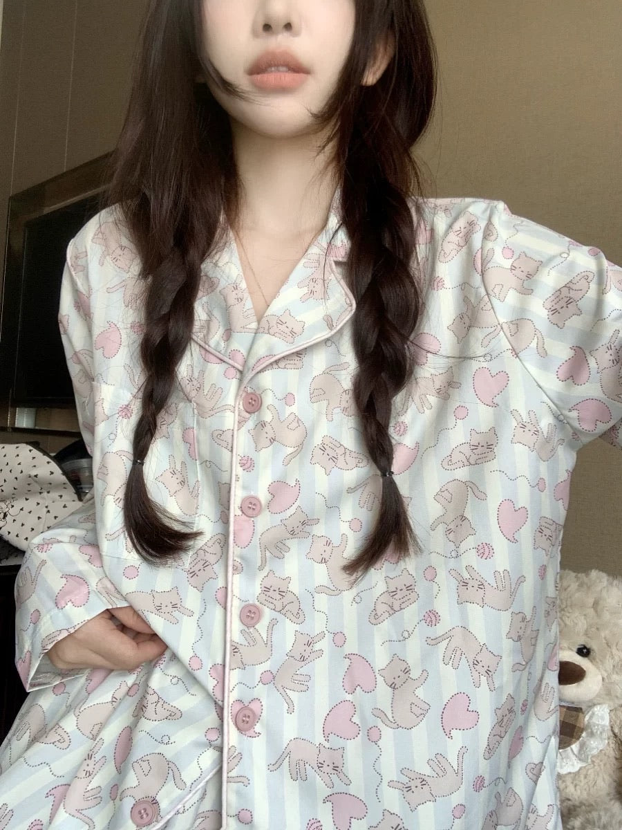 Dopamine Striped Cat Silk Pajama Set