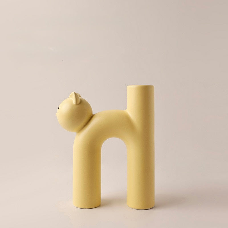 Matte Beige Tube-Shaped Cat Vase