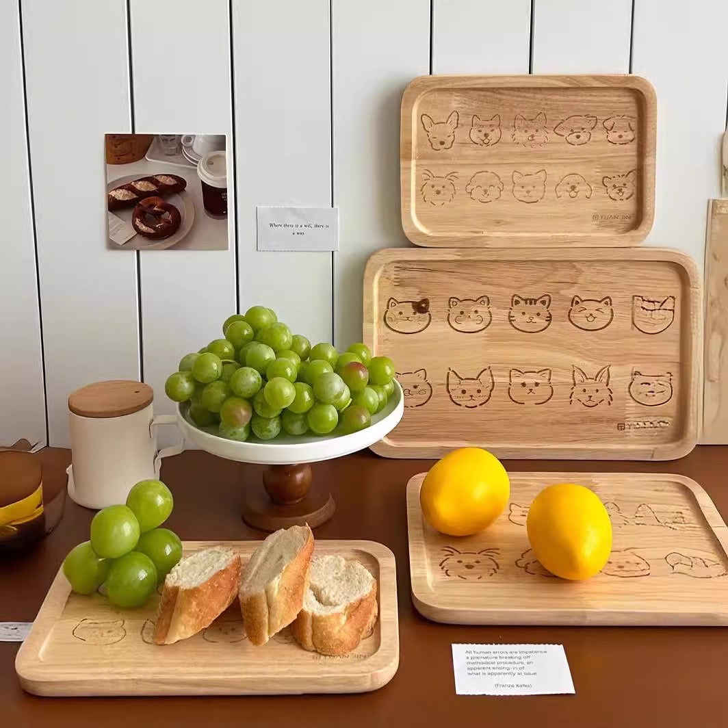 Cartoon-Style Rectangular Cat / Dog Wooden Tray
