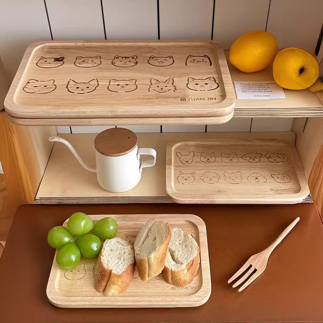 Cartoon-Style Rectangular Cat / Dog Wooden Tray