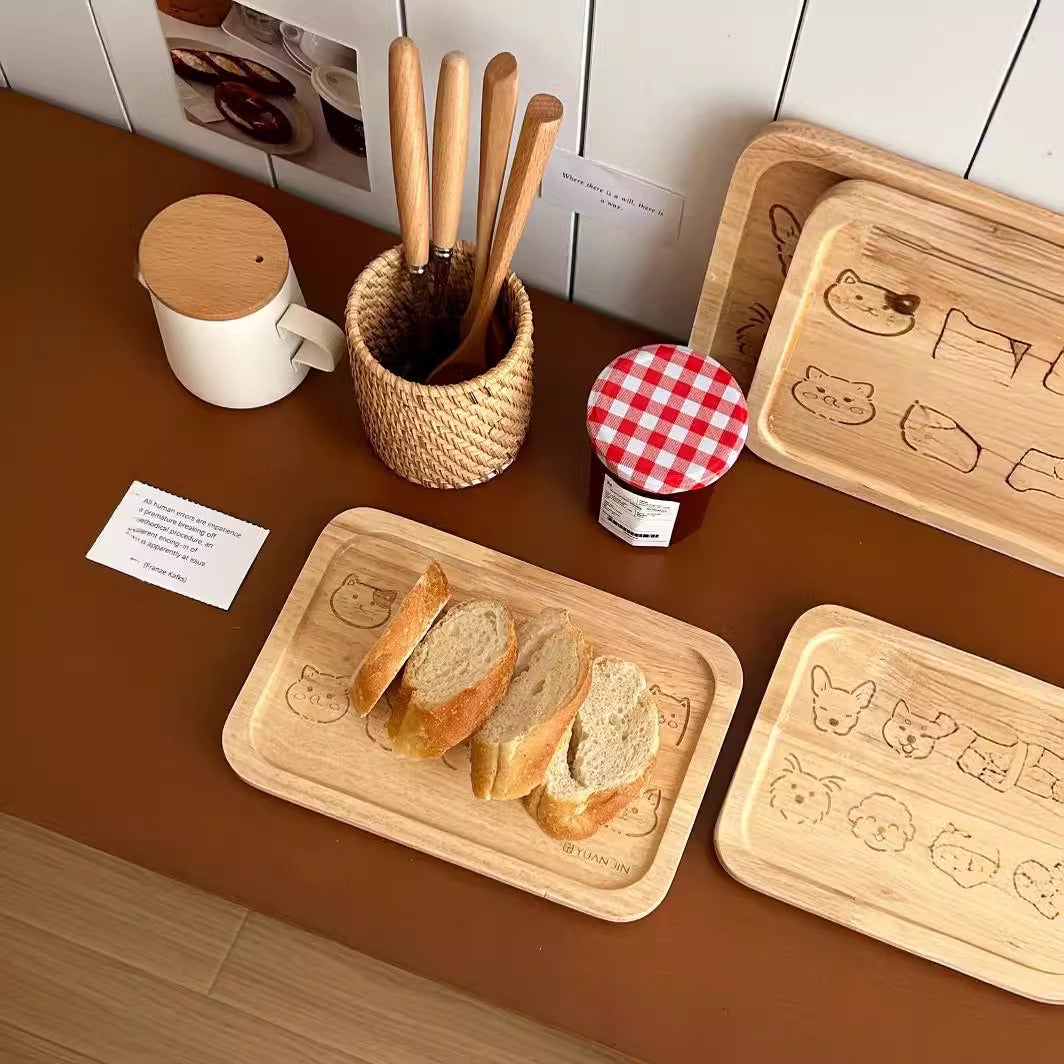 Cartoon-Style Rectangular Cat / Dog Wooden Tray