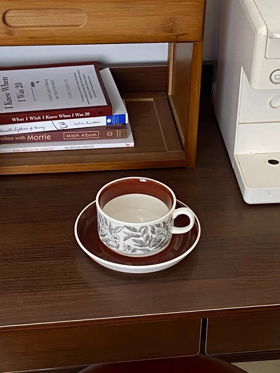 Vintage Brown Hibiscus Ceramic Coffee Cup & Saucer Set
