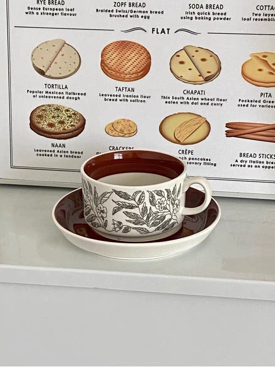 Vintage Brown Hibiscus Ceramic Coffee Cup & Saucer Set
