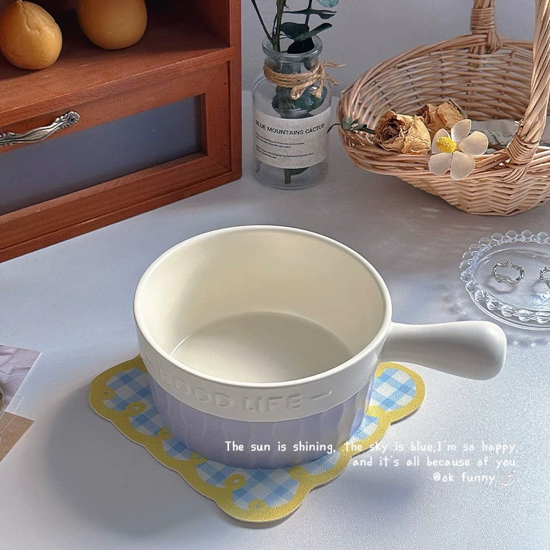 French Blue & White Ceramic Handle Bowl (GOOD LIFE Embossed Design)