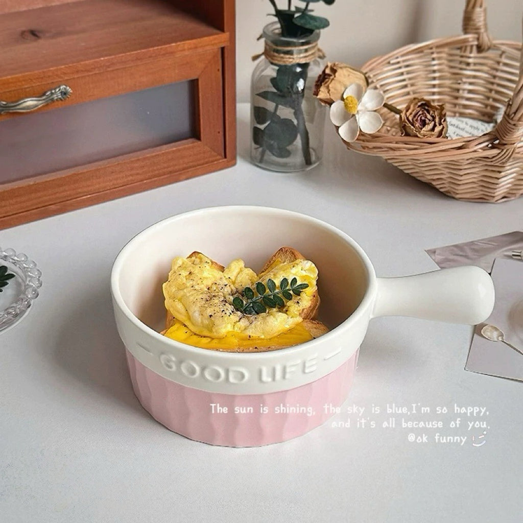 French Blue & White Ceramic Handle Bowl (GOOD LIFE Embossed Design)