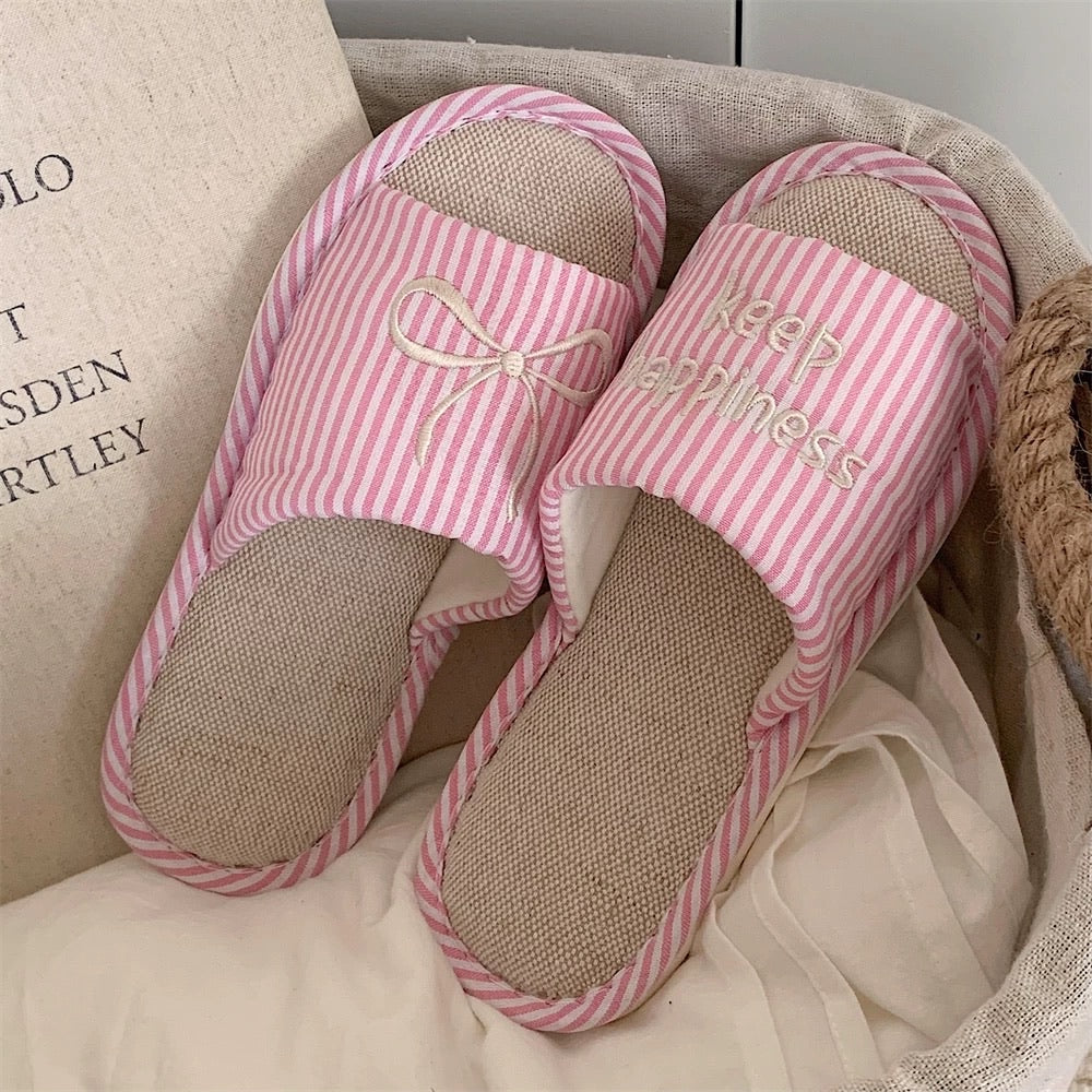 Korean Vintage Bow Linen Slippers