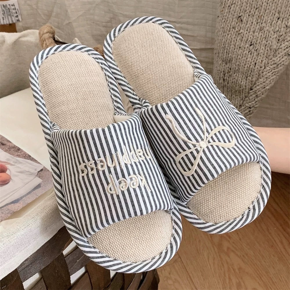 Korean Vintage Bow Linen Slippers