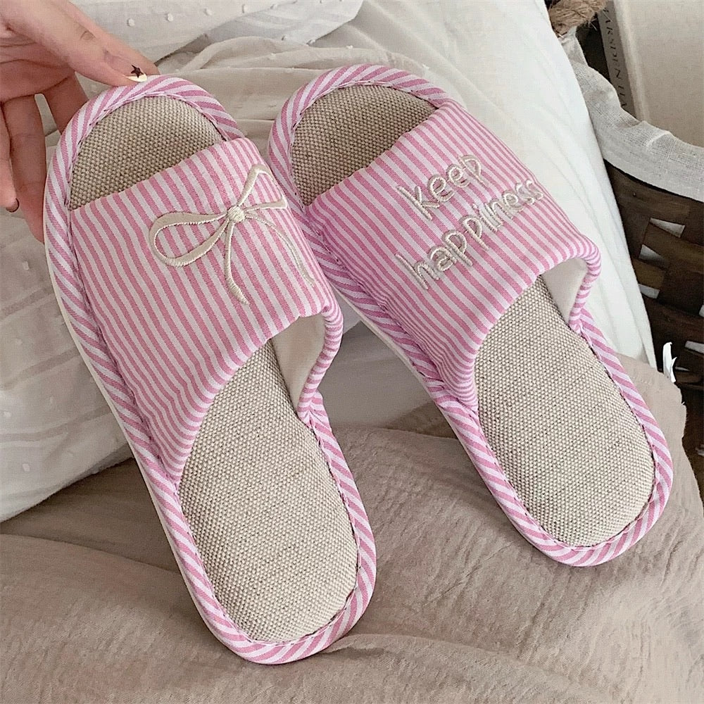 Korean Vintage Bow Linen Slippers