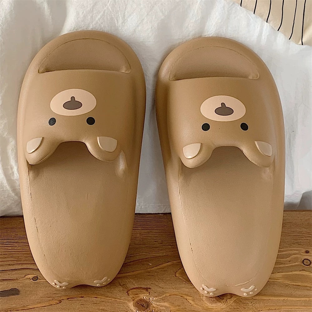 Cream Yellow Kitten & Brown Bear Squishy Platform Slippers