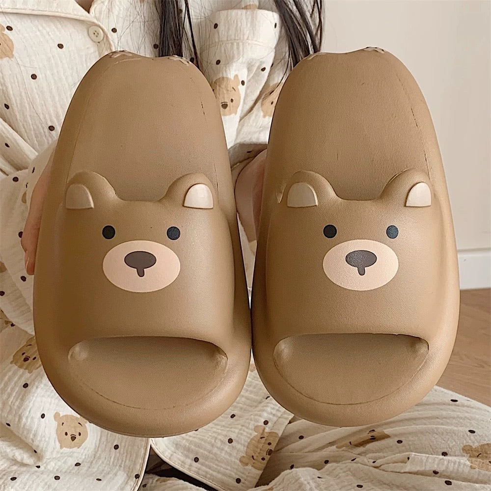 Cream Yellow Kitten & Brown Bear Squishy Platform Slippers