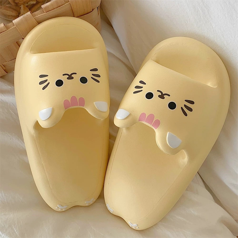 Cream Yellow Kitten & Brown Bear Squishy Platform Slippers