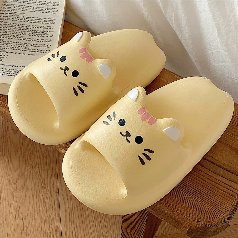 Cream Yellow Kitten & Brown Bear Squishy Platform Slippers