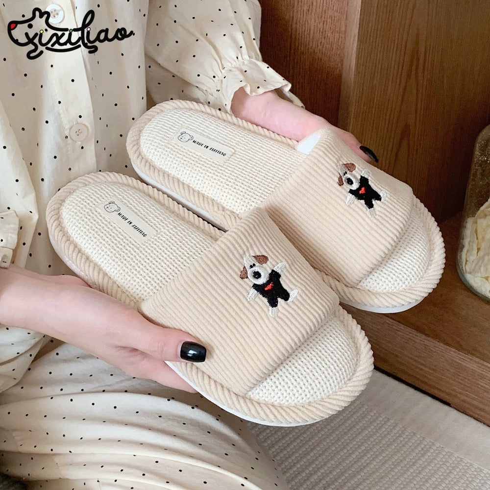 Cute Dog Couple Linen Slippers