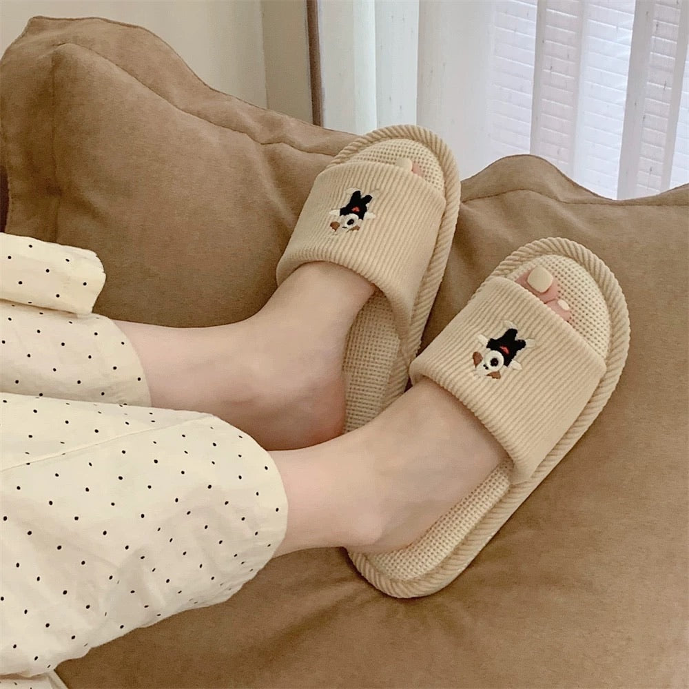 Cute Dog Couple Linen Slippers
